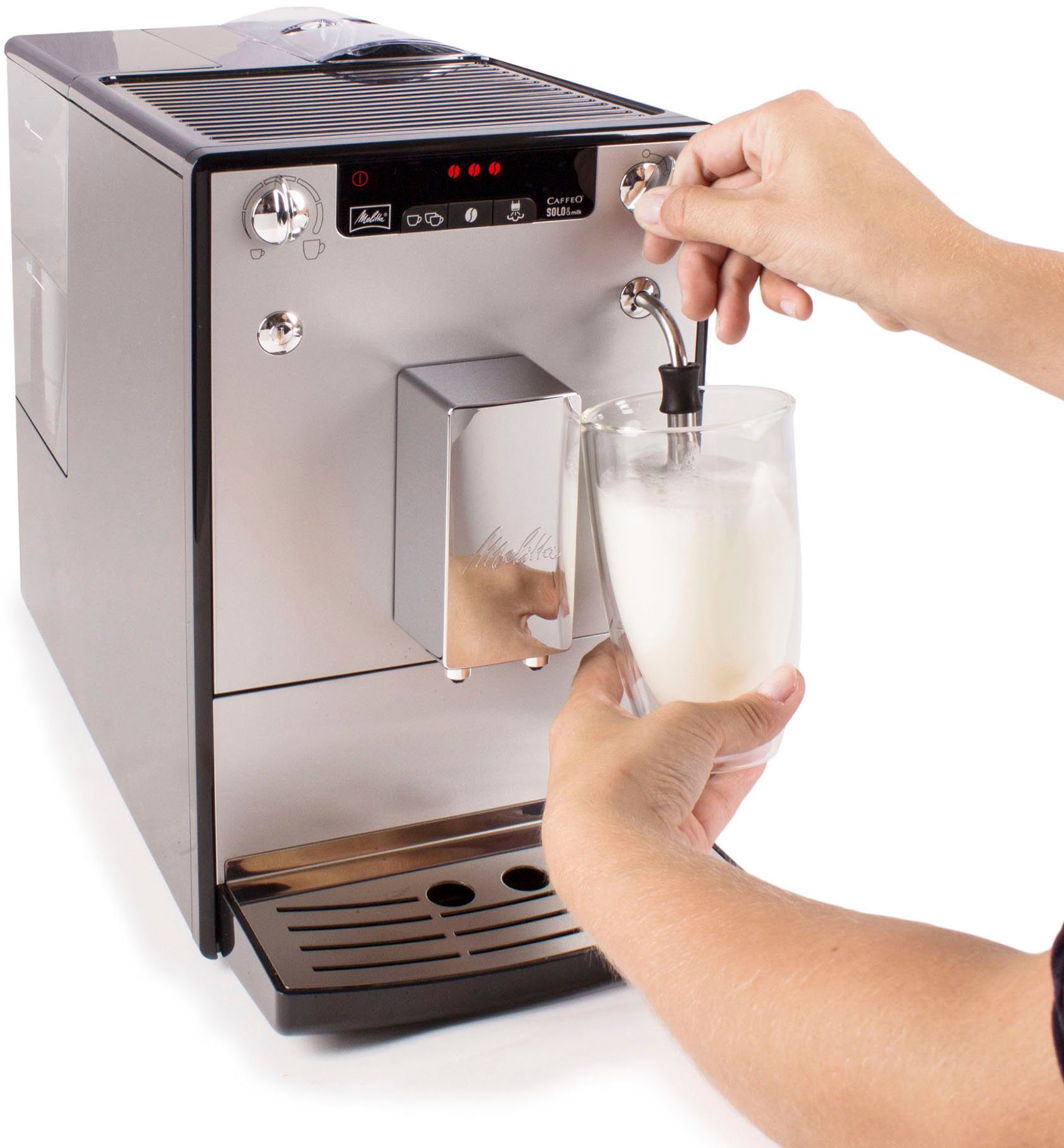 Melitta Kaffeevollautomat Solo® & Milk E953-202, silber/schwarz, Café crème & Espresso per One Touch, Düse für Milchschaum