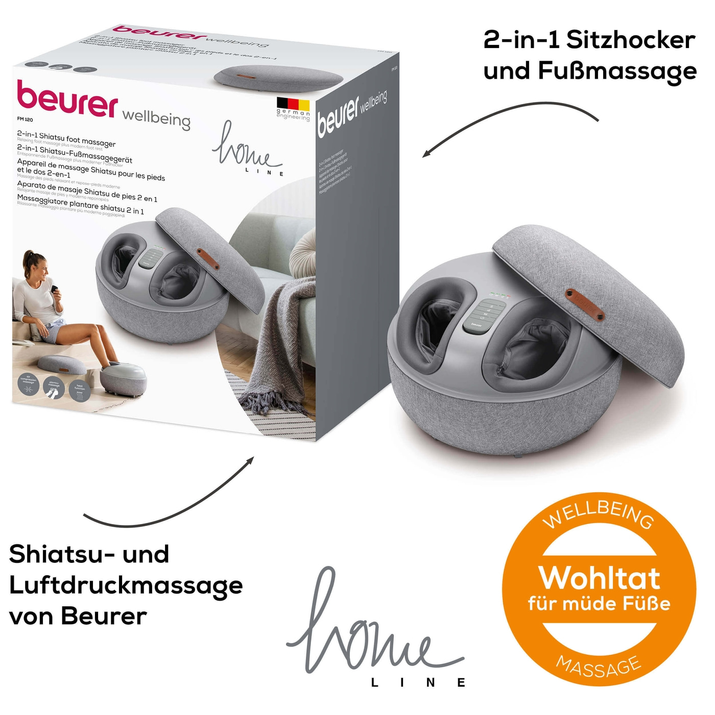 FM 120 2-in-1 Shiatsu-Fußmassagegerät-Entspannende Fußmassage plus moderner Sitzhocker