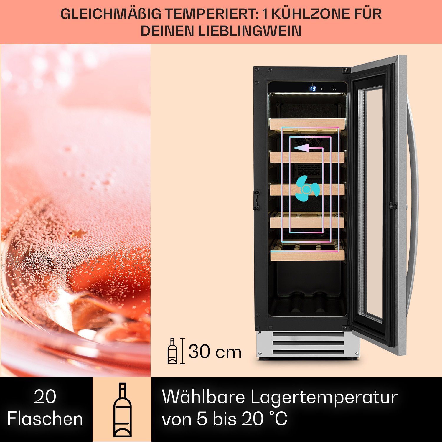 Klarstein Weinkühlschrank Vinovilla Smart, für 20 Standardflaschen á 0,75l,Wein Flaschenkühlschrank Weintemperierschrank Weinschrank Kühlschrank