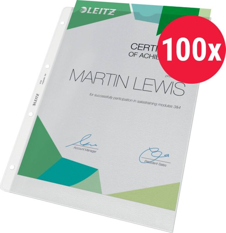 Leitz Extra Strong Prospekthüllen DIN A4 Genarbt Transparent 130 Mikron PP (Polypropylen) Oben 4 Löcher 100 Stück