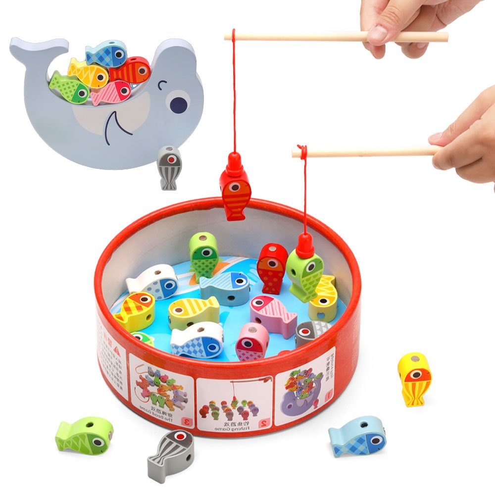 Wenta Lernspielzeug Magnetische Angelspiel Holz Fischspielzeug Stapelspiel Fädelspielzeug (3-in-1 Montessori Motorik Spielzeug), Lernspielzeug Geschenk für Kinder Mädchen Jungen ab 3 Jahre