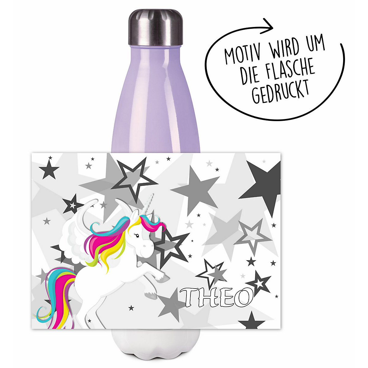 Edelstahl Kinder Thermoflasche / Trinkflasche bunt Pegasus Sterne Farbe grau Spülmaschinenfest, Auslaufsicher, Bruchfest, Doppelwandig, Für Heißgetränke geeignet, Mit Deckel, Isoliert