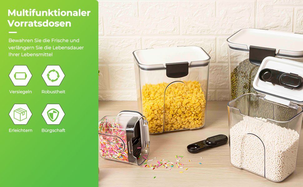 7Magic Vorratsdose 4-tlg Aufbewahrungsbox Küche Organizer Insgesamt 8950ml Vorratsdosen, AS+ABC+Silikon, (4-tlg), Vorratsdosen-Set mit großer Öffnung, inklusive Löffel und Sieb