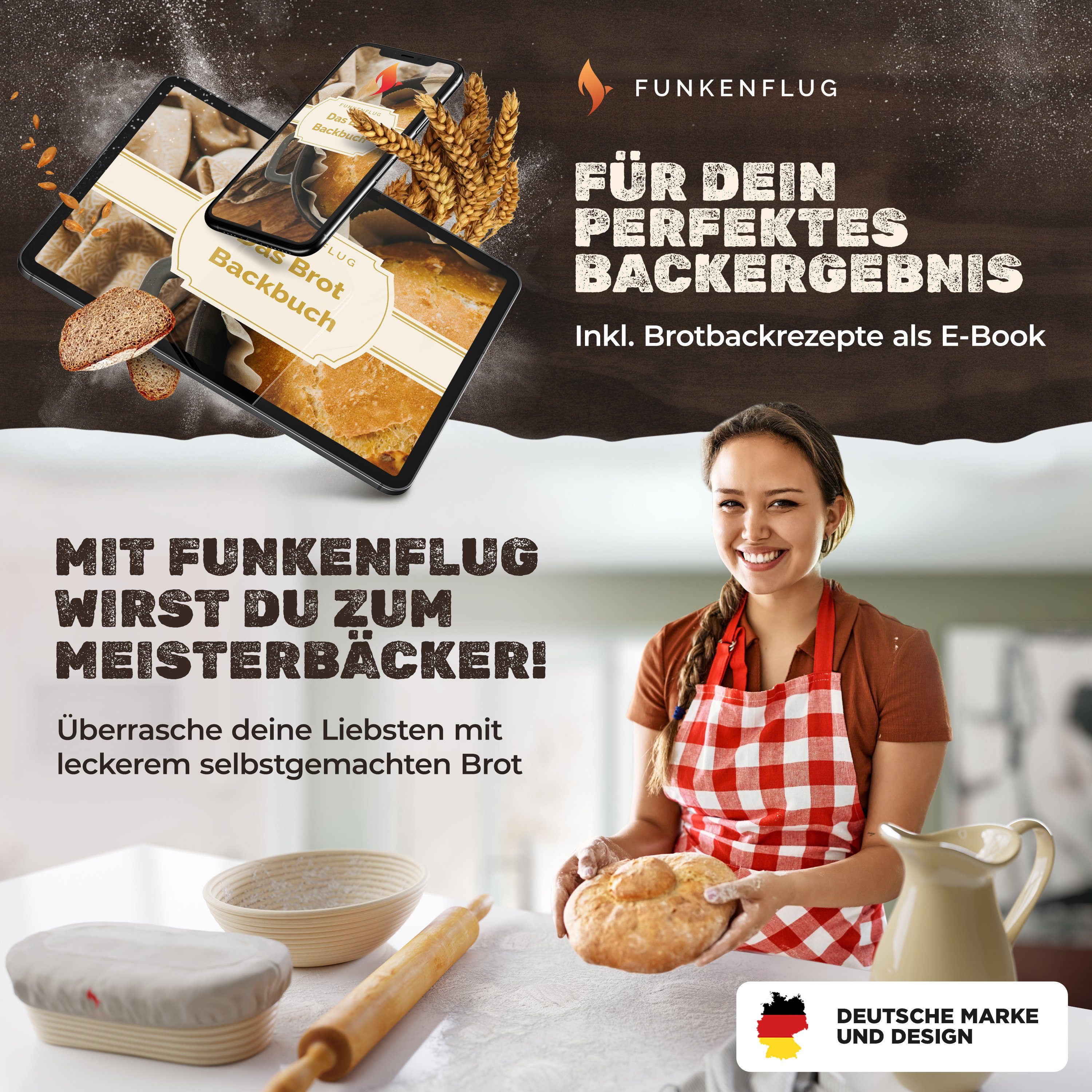 Funkenflug Gärkorb Funkenflug® Premium Gärkorb - zum Brot backen, (Funkenflug Gärkorb Set 3-tlg), 100% natürliches Rattan