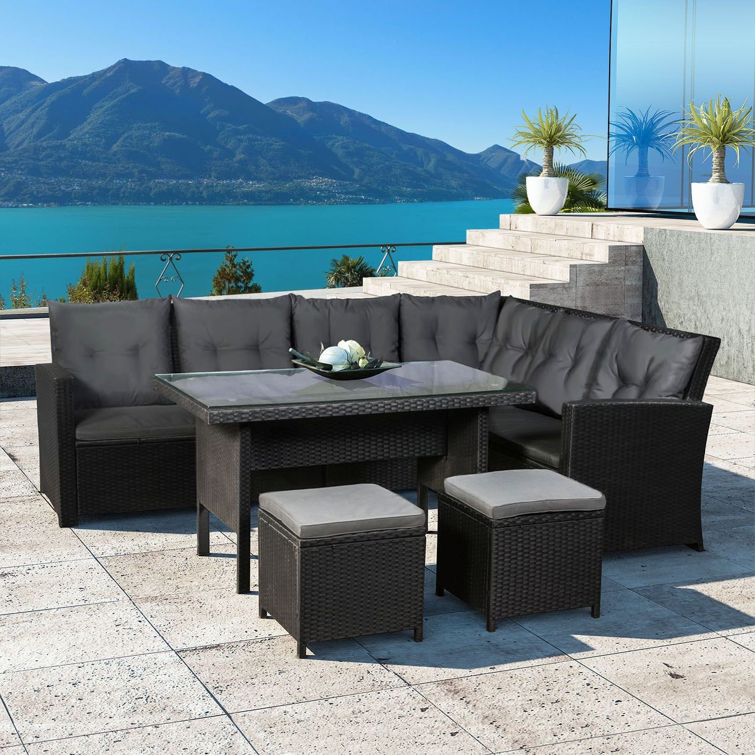 Juskys Gartenlounge-Set Santa Catalina, (Set, Sitzgruppe), 2 zusätzliche Hocker, Tisch mit Glasplatte, Waschbare Bezüge