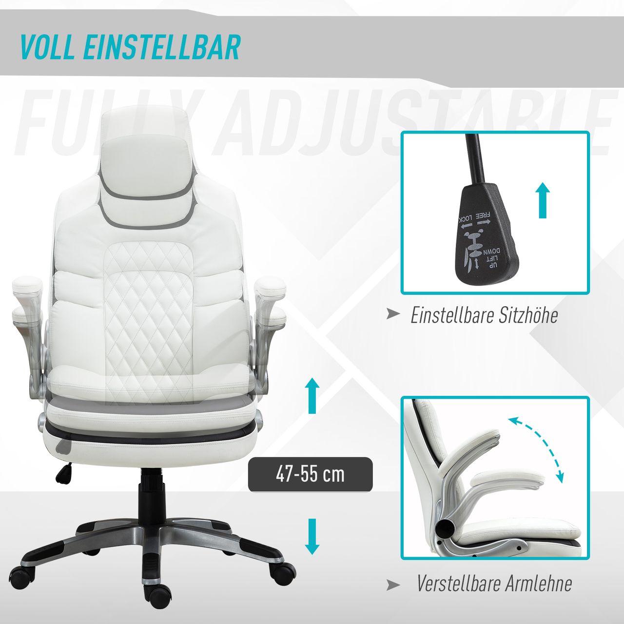 Vinsetto Ergonomischer Bürostuhl mit klappbare Armlehnen, Höhenverstellbarer Schreibtischstuhl mit Wippfunktion, Drehstuhl, PU, 69 x 67 x 113-121 cm