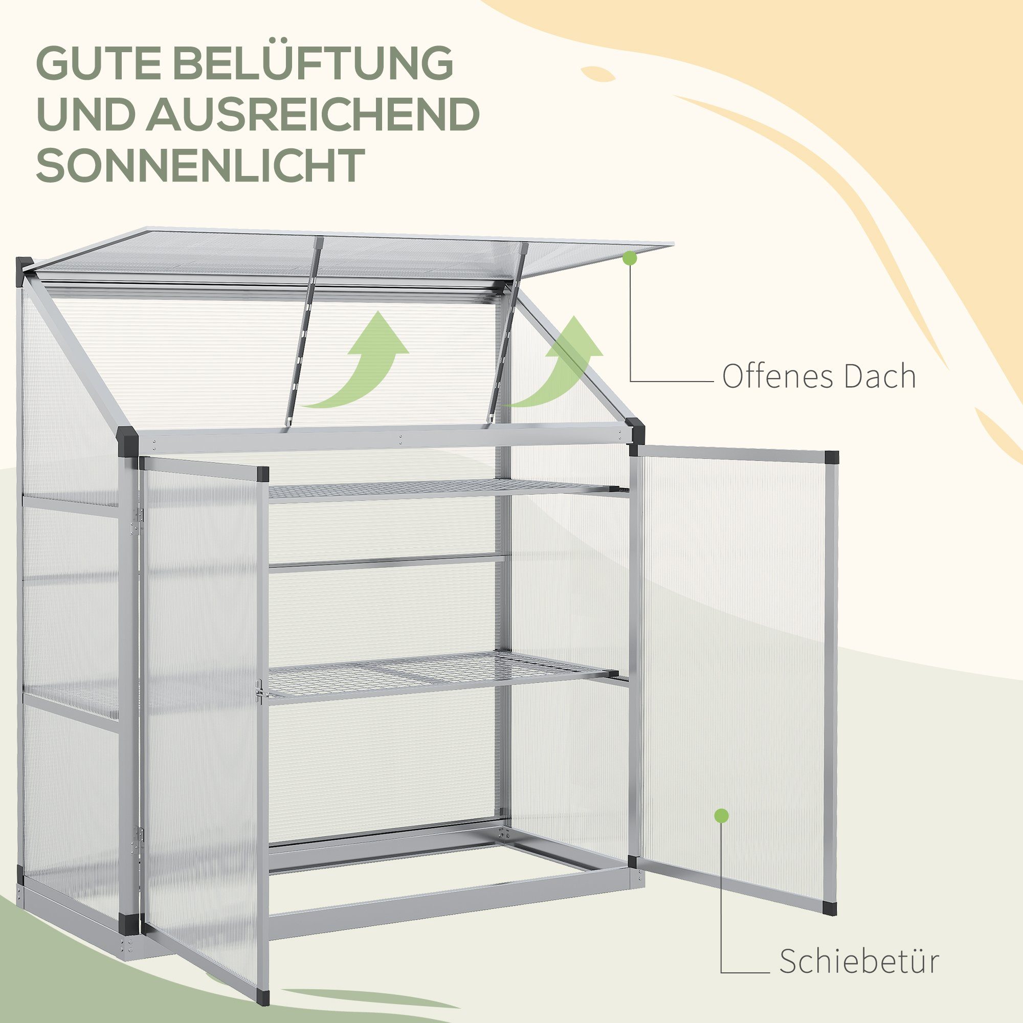 Outsunny Foliengewächshaus Frühbeetkasten, BxTxH: 131 x 58 x 139.5 cm, 3 Ebenen Frühbeet 1-St., Alu-Gewächshaus mit Fundamentrahmen, mit Lüftungsöffnungen und Entwässerungsleitungen
