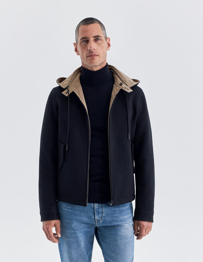 Blouson réversible noir et beige à capuche Homme