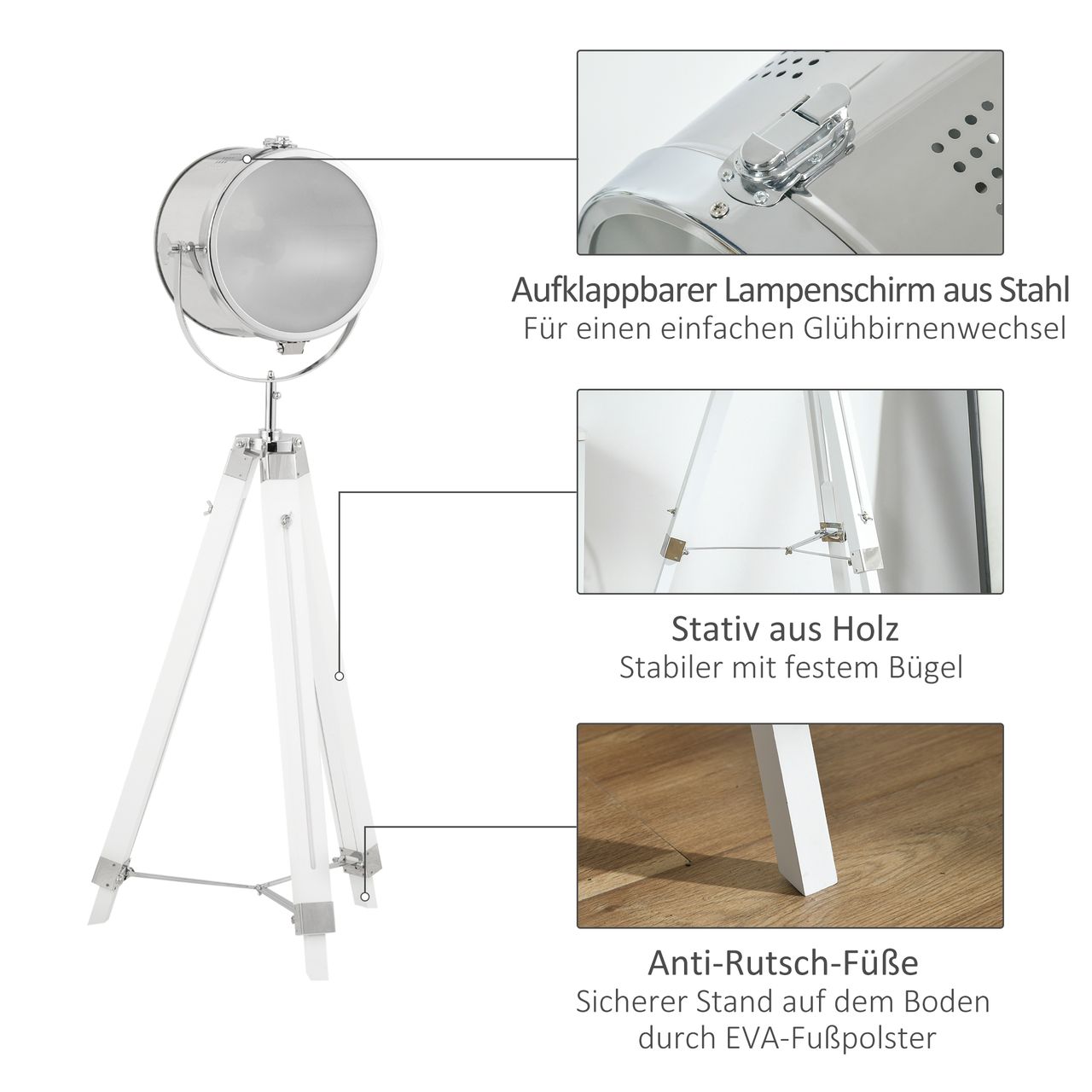 HOMCOM Stehlampe Stehleuchte mit Dreibein Stativ aus Holz 100-140 cm höhenverstellbar mit 180° Drehbarem Lampenkopf Caféleuchte Studiolampe Industrial Design Tripod Lampe 40W Weiß Stahl Kiefernholz