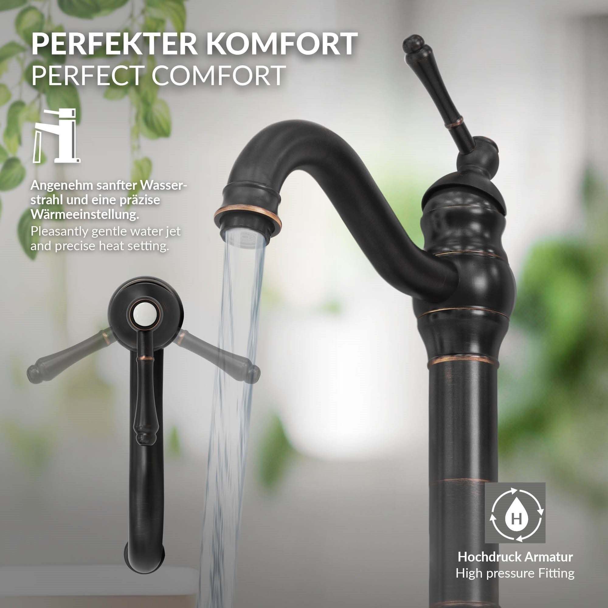 LuxeBath Waschtischarmatur Waschtischarmatur fürs Badezimmer 215x62x335 mm Bronze/Schwarz
