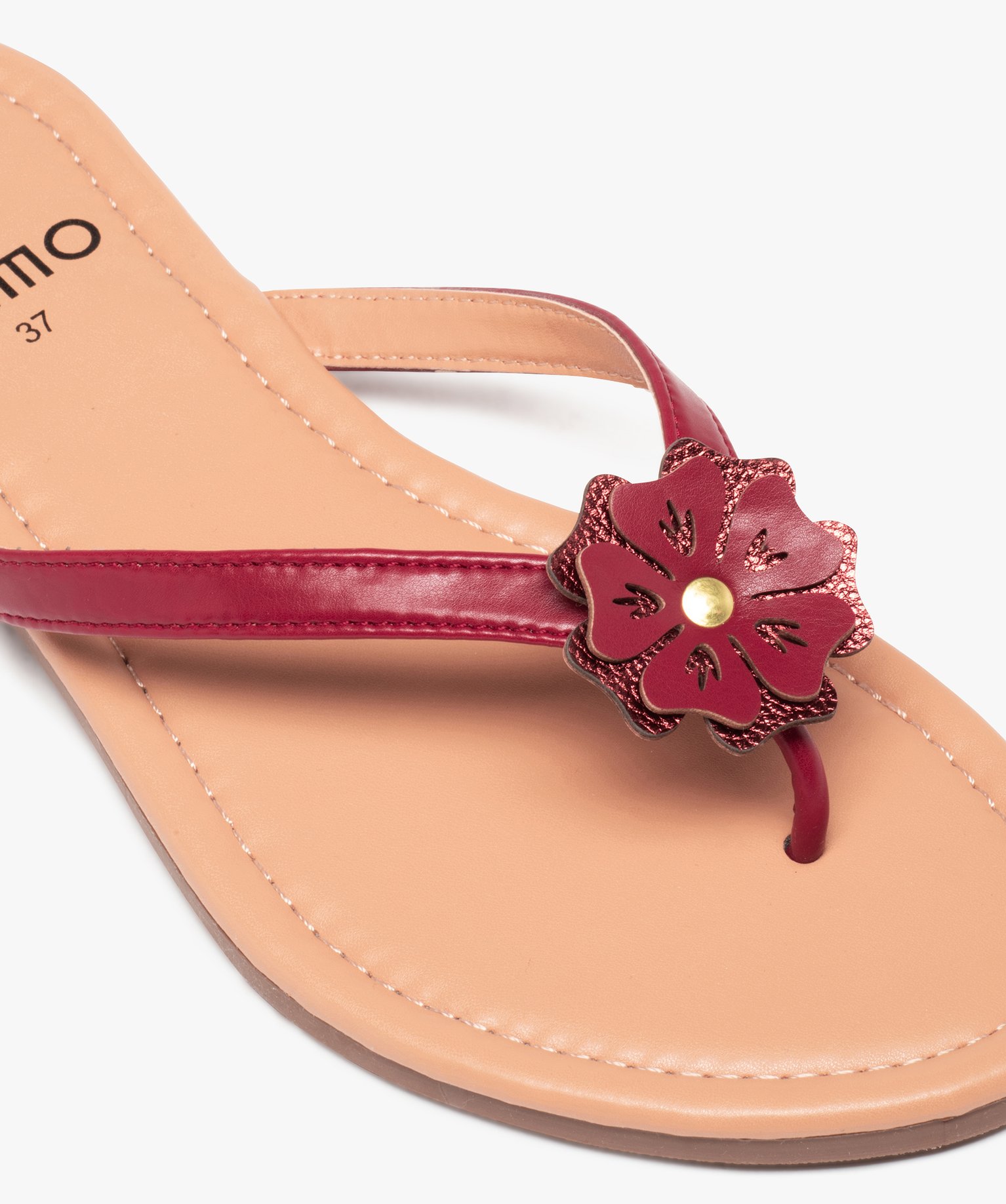 Tongs femme à petit talon plat et fleur sur l’entre-doigts rouge | GEMO