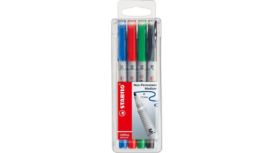 STABILO® Folienstift - STABILO OHPen universal - wasserlöslich medium - 4er Pack - grün, rot, blau, schwarz sortiert