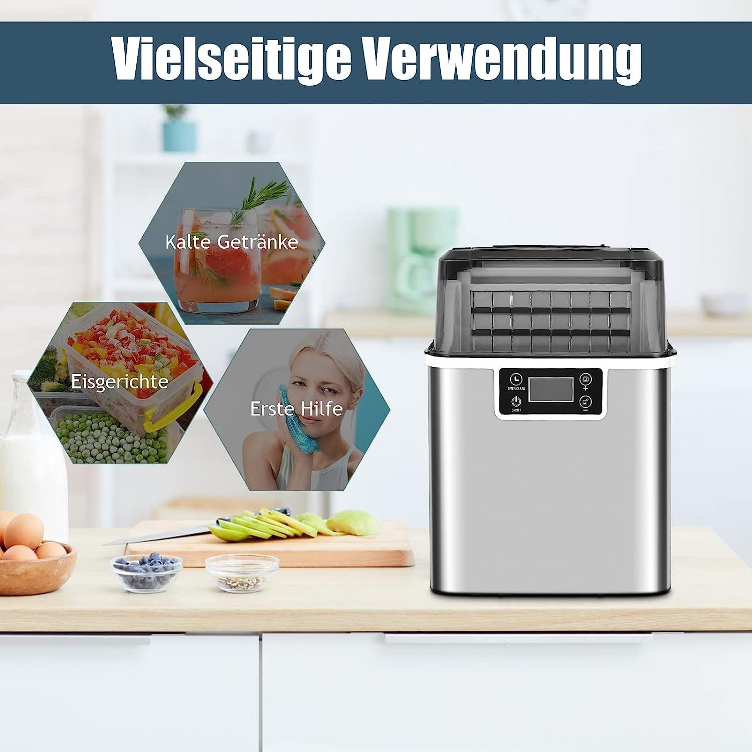 KOMFOTTEU Eiswürfelmaschine, 18 kg/24 Std., mit 3,2 L Wassertank & 1,2 kg Eiskorb