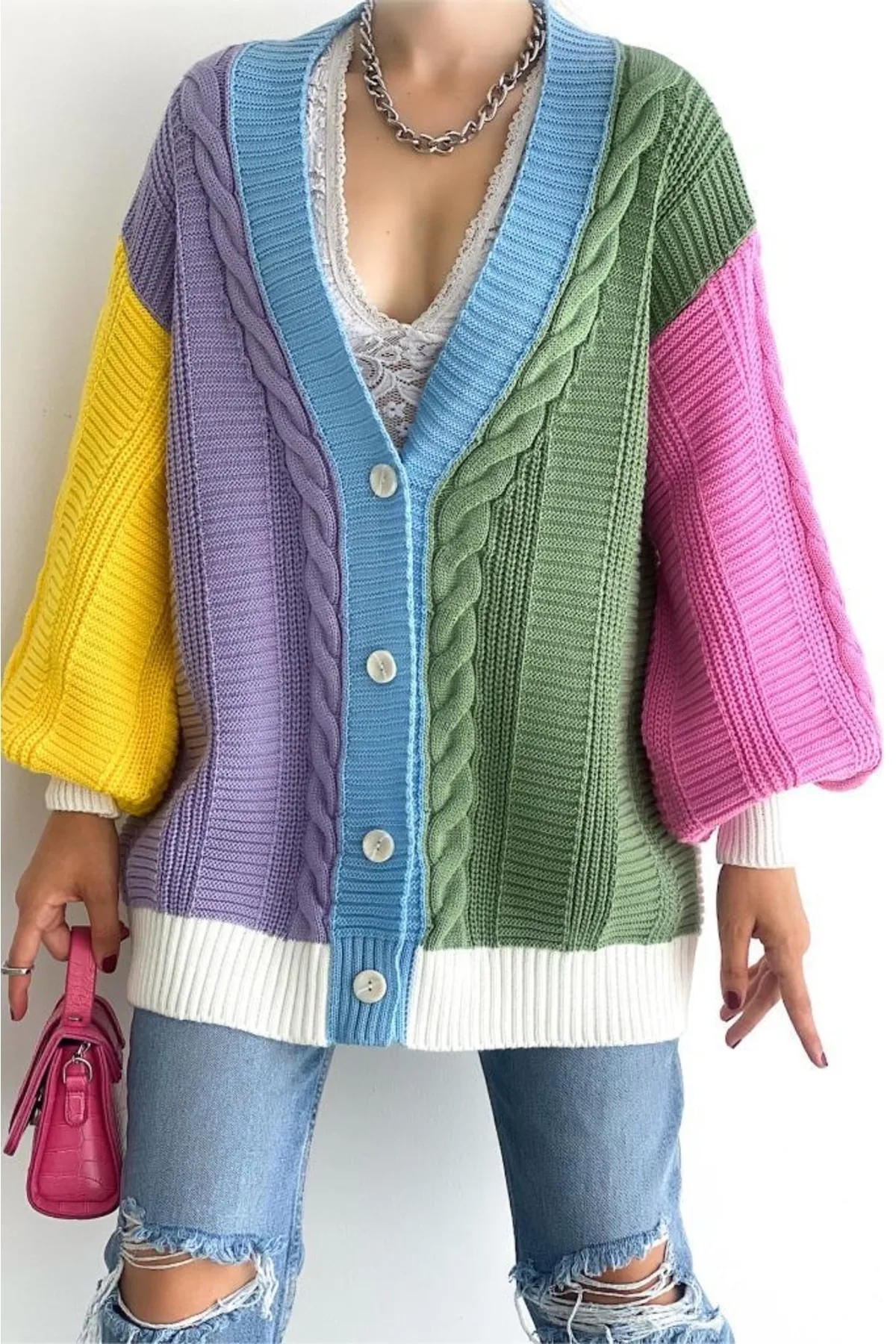 FEMELLE  Damen Standardgröße Mehrfarbig Neue Saison Lockere Oversize Strickjacke