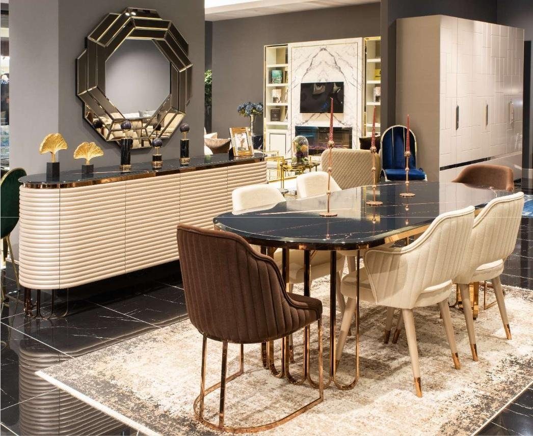 JVmoebel Essgruppe Essgruppe Essecke Esstisch Stühle Beige Set 9tlg Luxus Holz Esszimmer, (9-tlg., Esstisch / 6x Stühle / Sideboard / Spiegel), Made in Europa