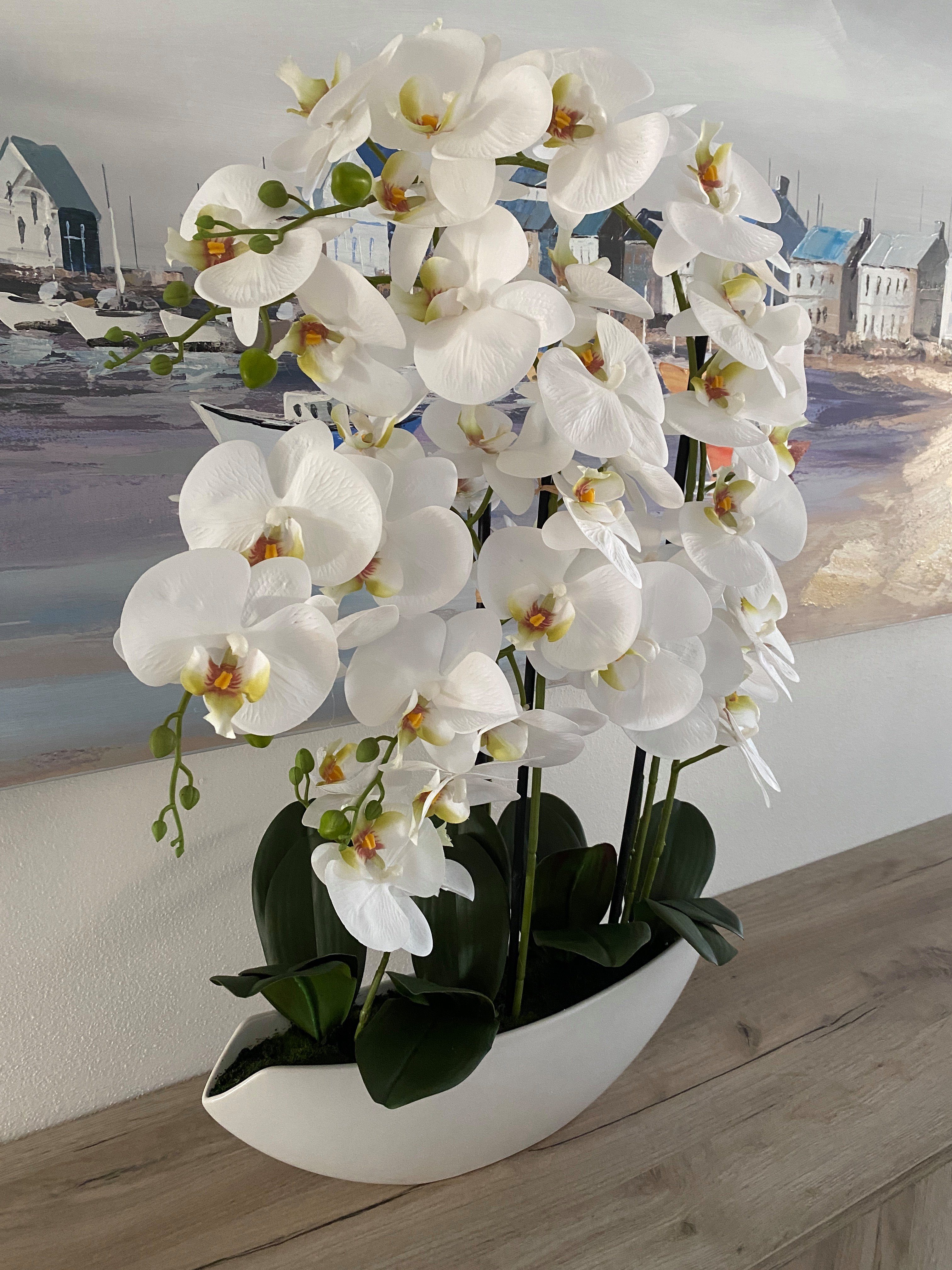 Kunstblume Orchidee Arrangement in weißem Keramiktopf, 70 cm, Dahlia Studios