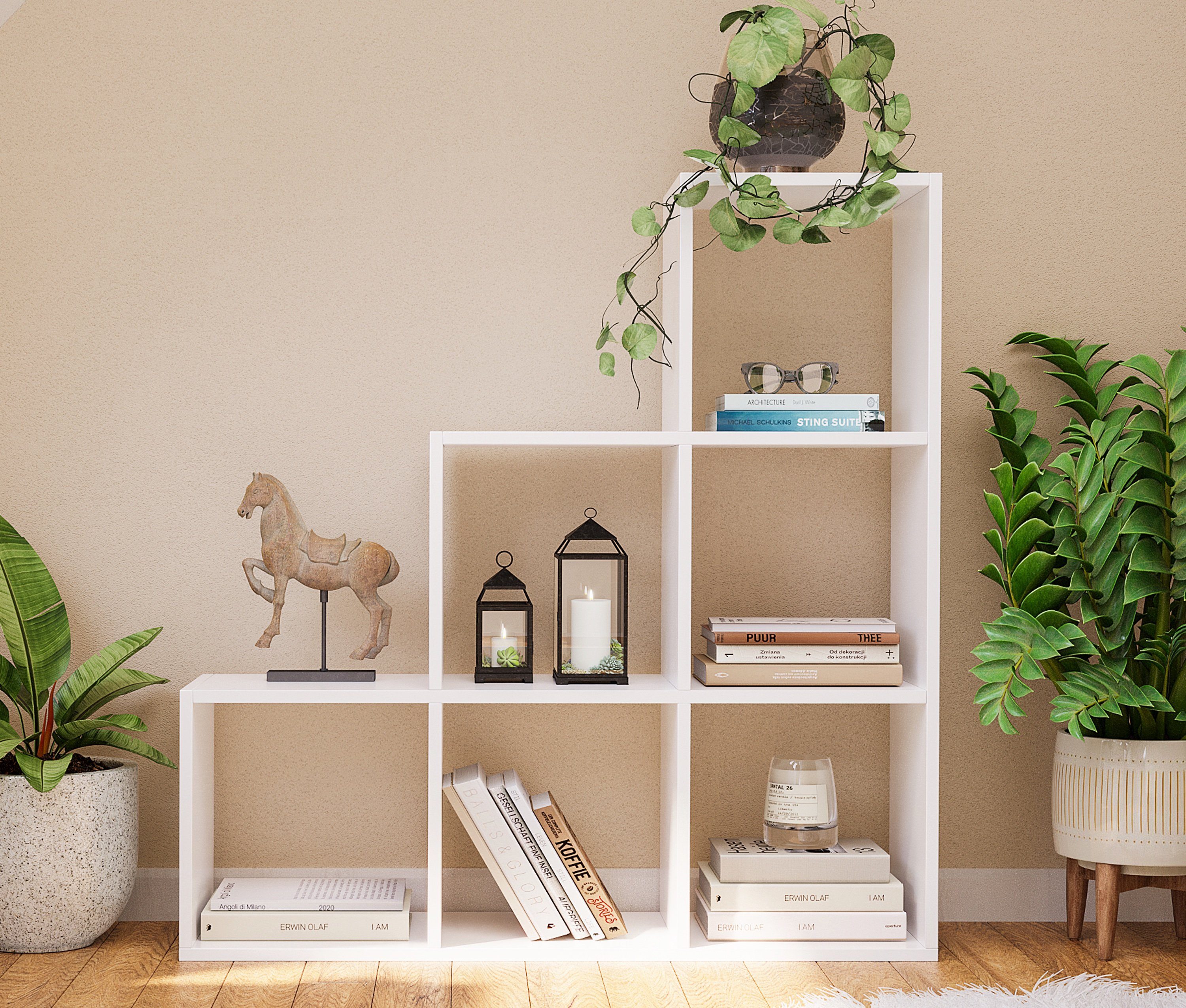 Bellamio Bücherregal Aras Raumteiler, Treppenregal, Würfelregal, 6 Ablagefächer, viel Stauraum