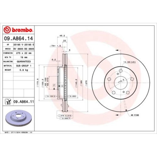 09.A864.11 BREMSSCHEIBE BREMBO VA  VP2 - ATU