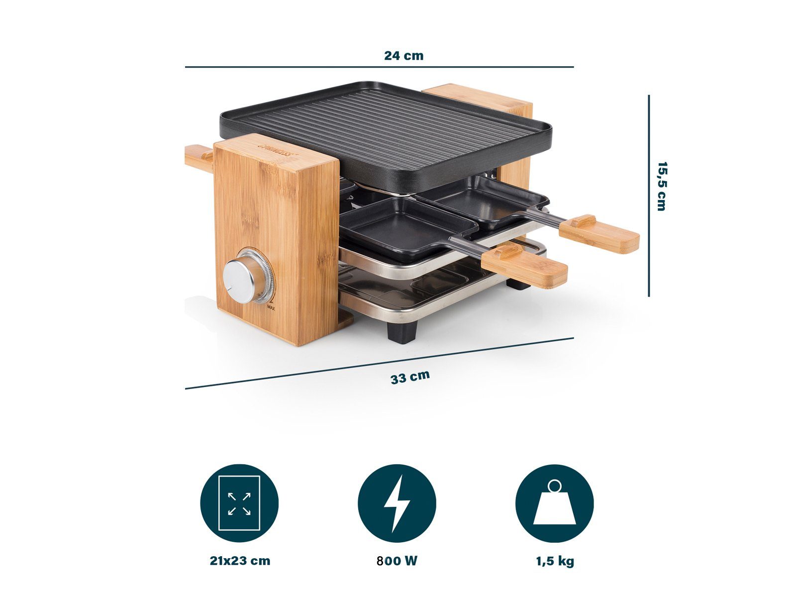 PRINCESS Raclette, 800 W, Kleiner Bambus Design Tischgrill für 2-4 Personen, Pfännchen Parkdeck