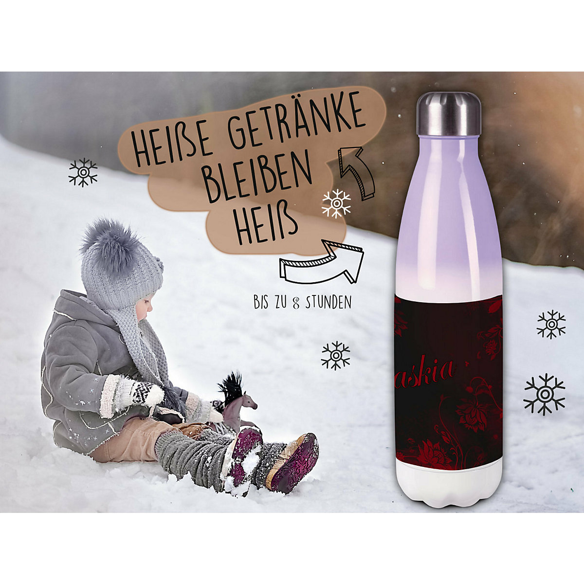 Edelstahl Kinder Thermoflasche / Trinkflasche bunt Blumenranke Farbe schwarz rot Spülmaschinenfest, Auslaufsicher, Bruchfest, Doppelwandig, Für Heißgetränke geeignet, Mit Deckel, Isoliert