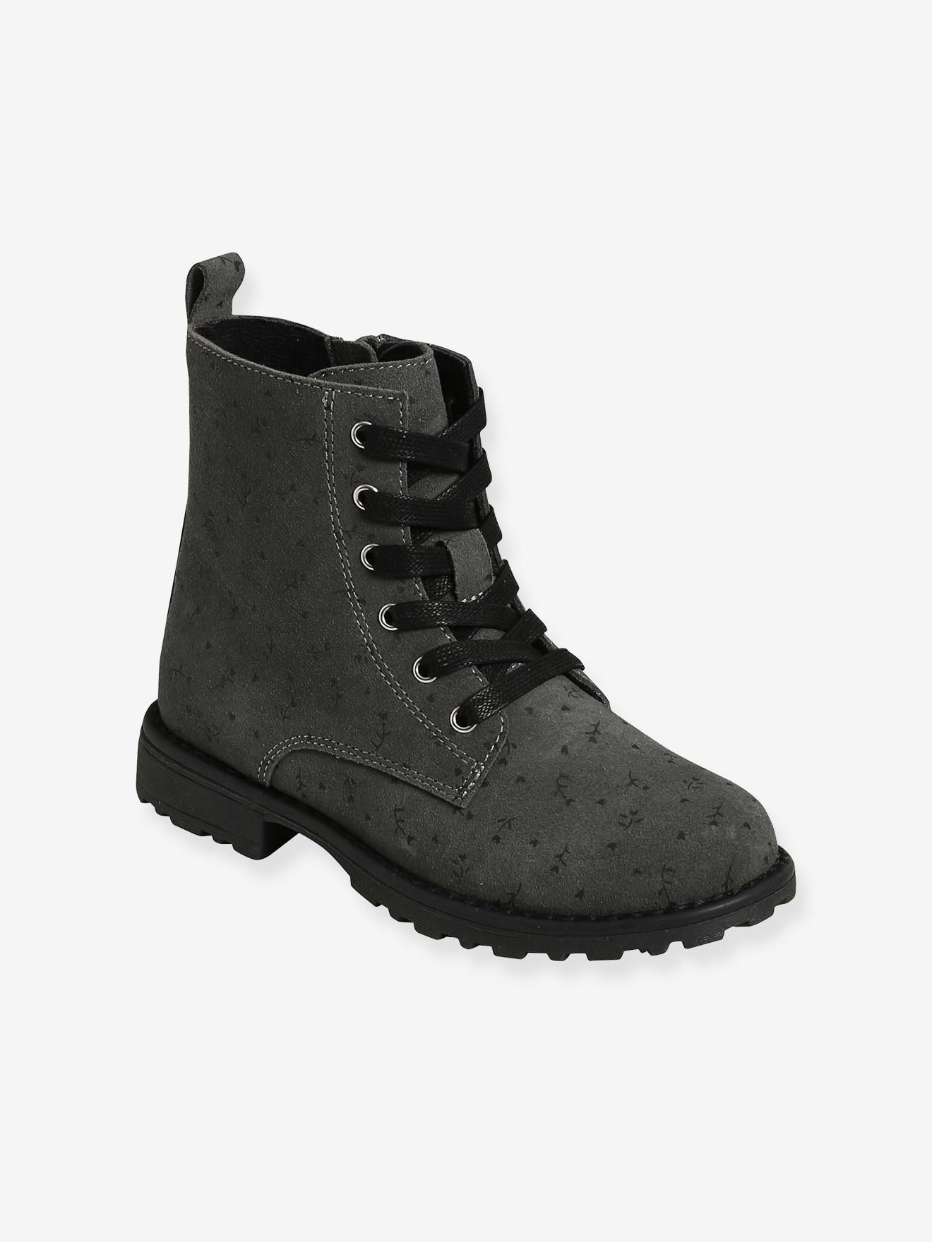 Bottines cuir lacées et zippées fille gris fleurs imprimés