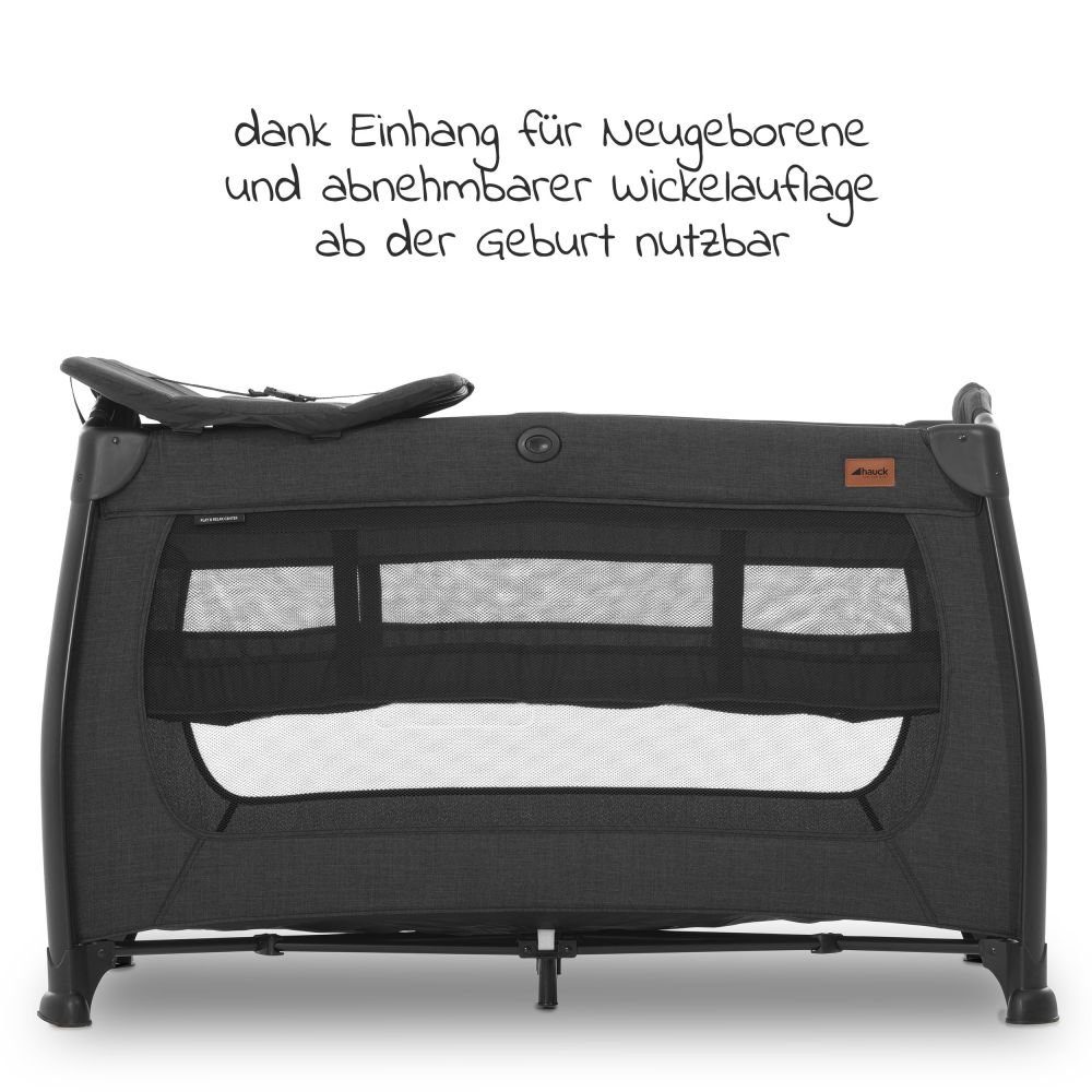 Hauck Baby-Reisebett Play'n Relax Center - Melange Black, 7-tlg., Kinderreisebett mit Matratze, Insektenschutz, Wickelauflage, Einhang
