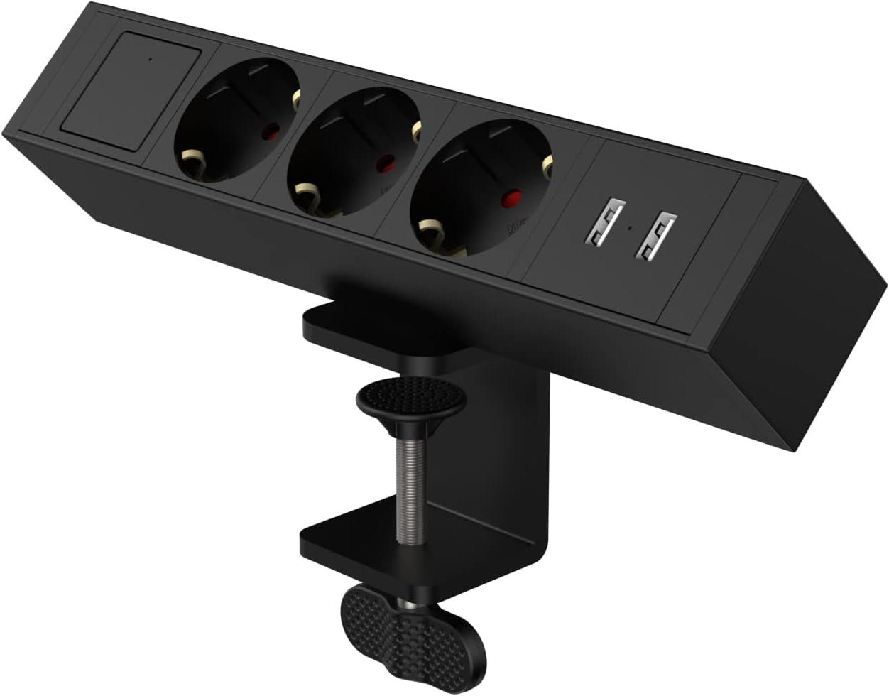 Super Solu Tischsteckdosenleiste mit Schalter /3-Fach und 2 USB Mehrfachsteckdose Steckdosenleiste 3-fach (Ein- / Ausschalter, Übersapannungschutz, Kabellänge 1.8 m), Schwarz, Bewegliche Schiebeschiene mit Metall Desktop Clip