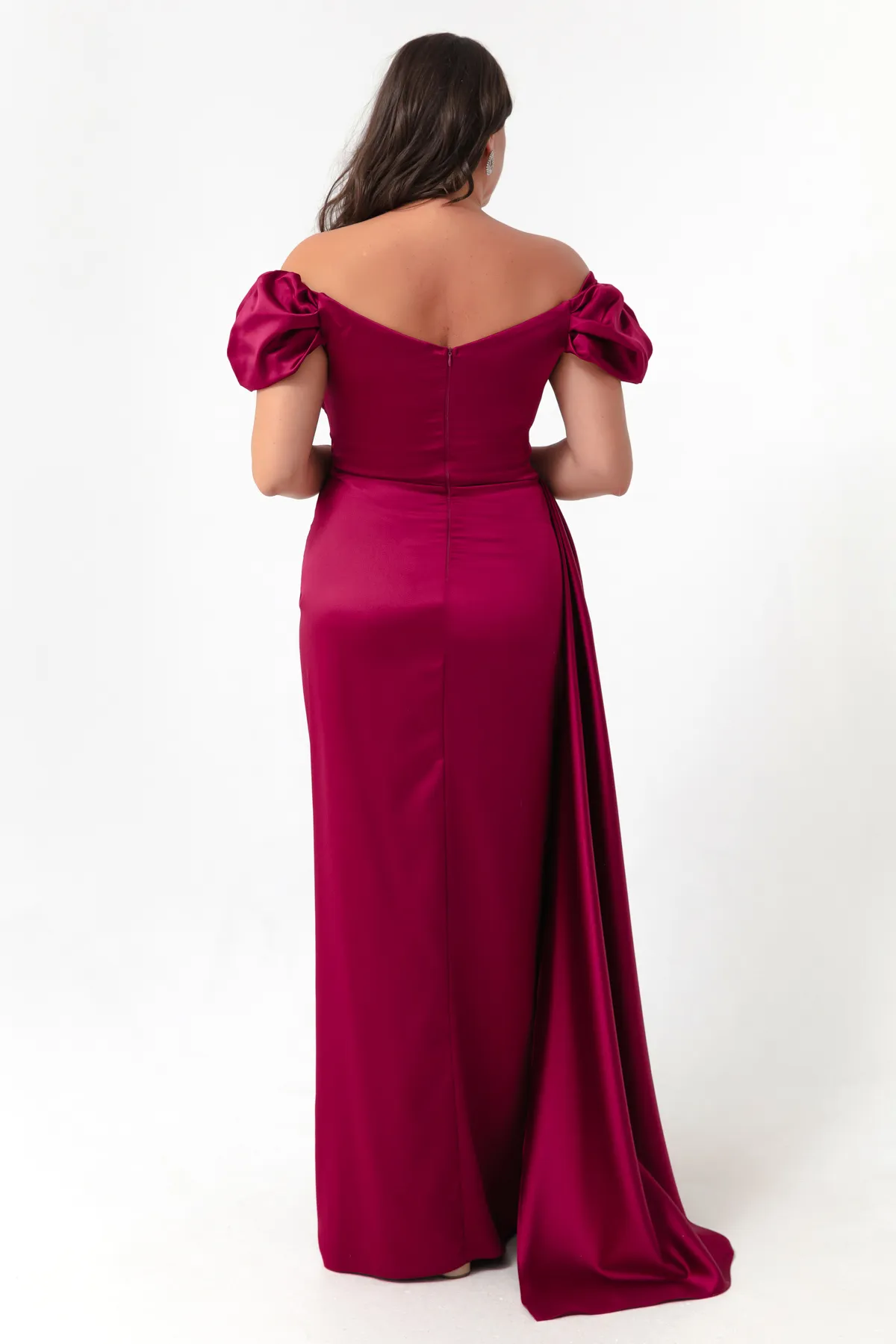 Lafaba  Pflaumenfarbenes, langes Satin-Abendkleid und Abschlusskleid für Damen mit U-Boot-Ausschnitt