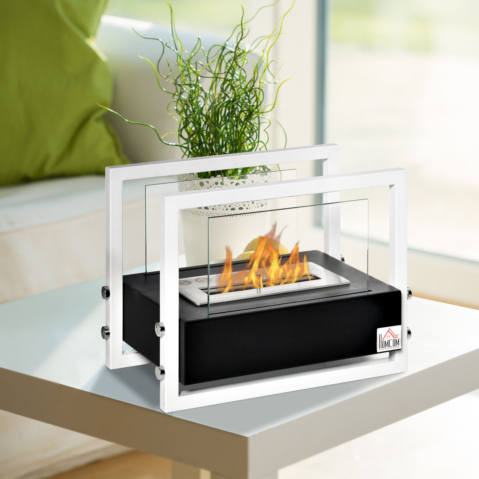 HOMCOM Echtfeuer-Dekokamin Ethanol-Kamin, Biokamin Bio Ethanol Brenner 1,5L kein Rauch Schwarz+Weiß