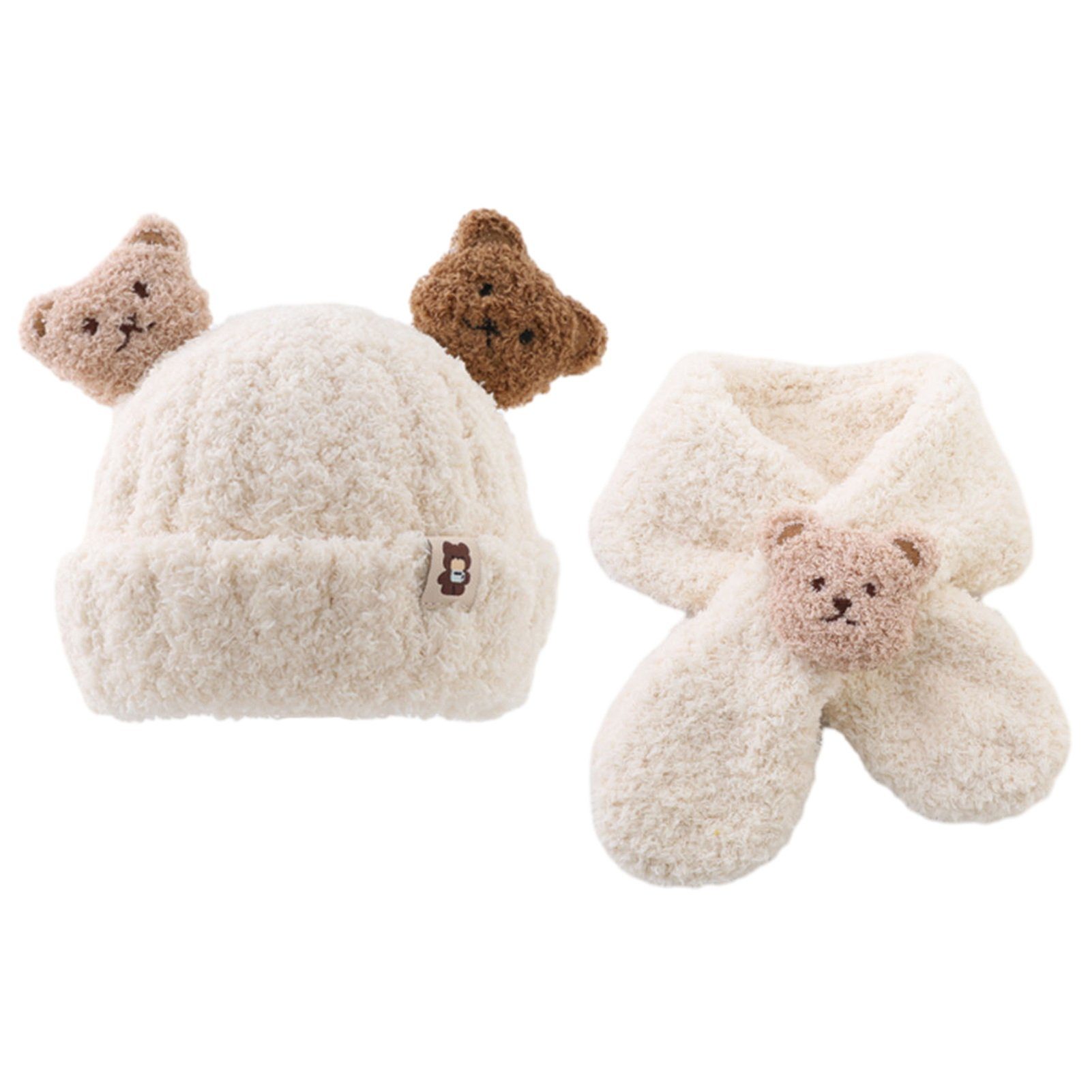 Rutaqian Mütze & Schal Kindermütze Set aus Plüschmütze und Schal (Baby-Plüsch-Ohrkappen Kopfumfang 44-50 cm, Bär dekorative verdickte weiche Winteraccessoires für Kinder) Süße Baby-Strickmütze für Herbst und Winter, warme Kinder-Wollmütze