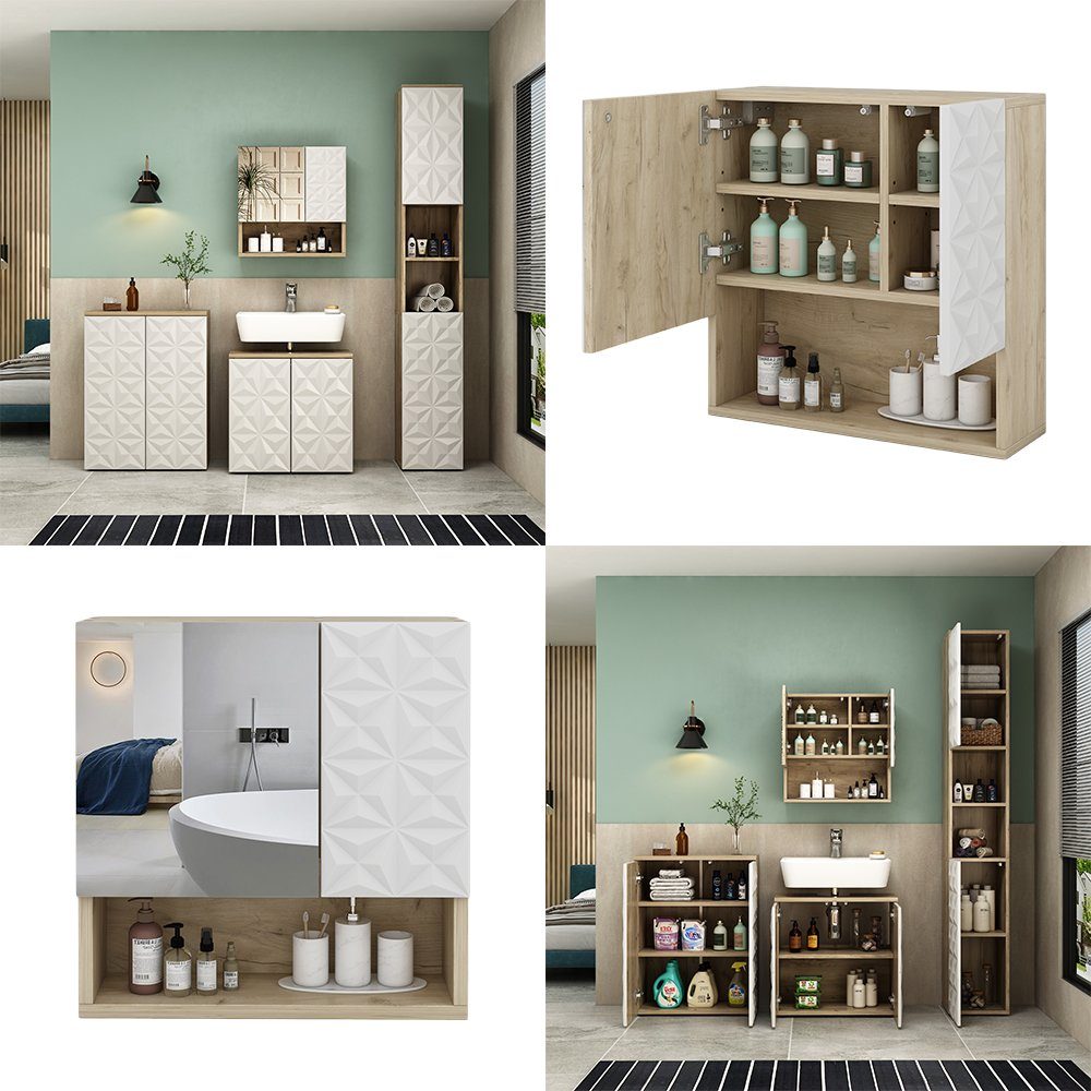 Vicco Badezimmerspiegelschrank Badmöbel EDGE Eiche/Weiß