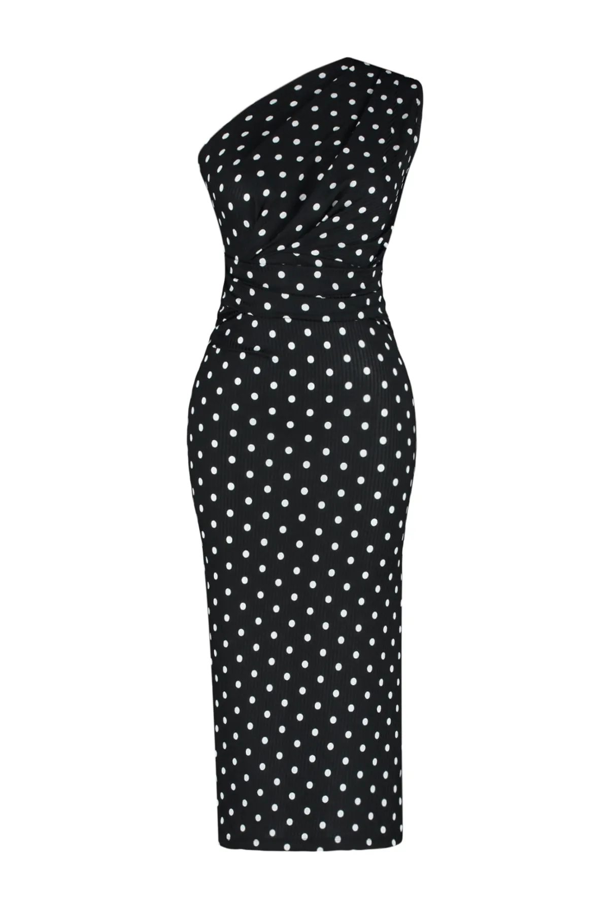 Trendyol Collection  Schwarzes, bedrucktes, tailliertes/tailliertes One-Shoulder-Bleistiftkleid aus Strick mit asymmetrischem Raffdetail TWOSS23EL02182