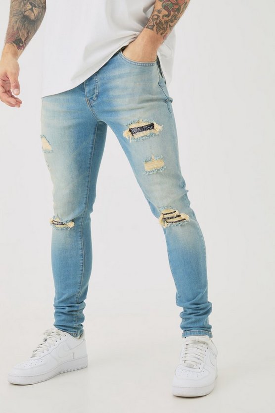 Hellblaue Skinny Stretch Jeans mit Bandana-Print