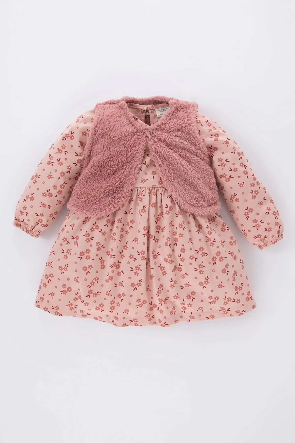 DeFacto  Geblümtes, langärmliges Kleid aus gekämmter Baumwolle für Babys und Mädchen, 2er-Set mit Strickjacke aus Plüsch