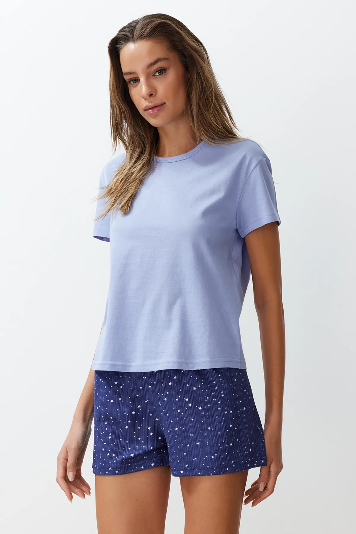 Trendyol Collection  Blaues Strickpyjama-Set aus 100 % Baumwolle mit Sternmuster THMSS24PT00202