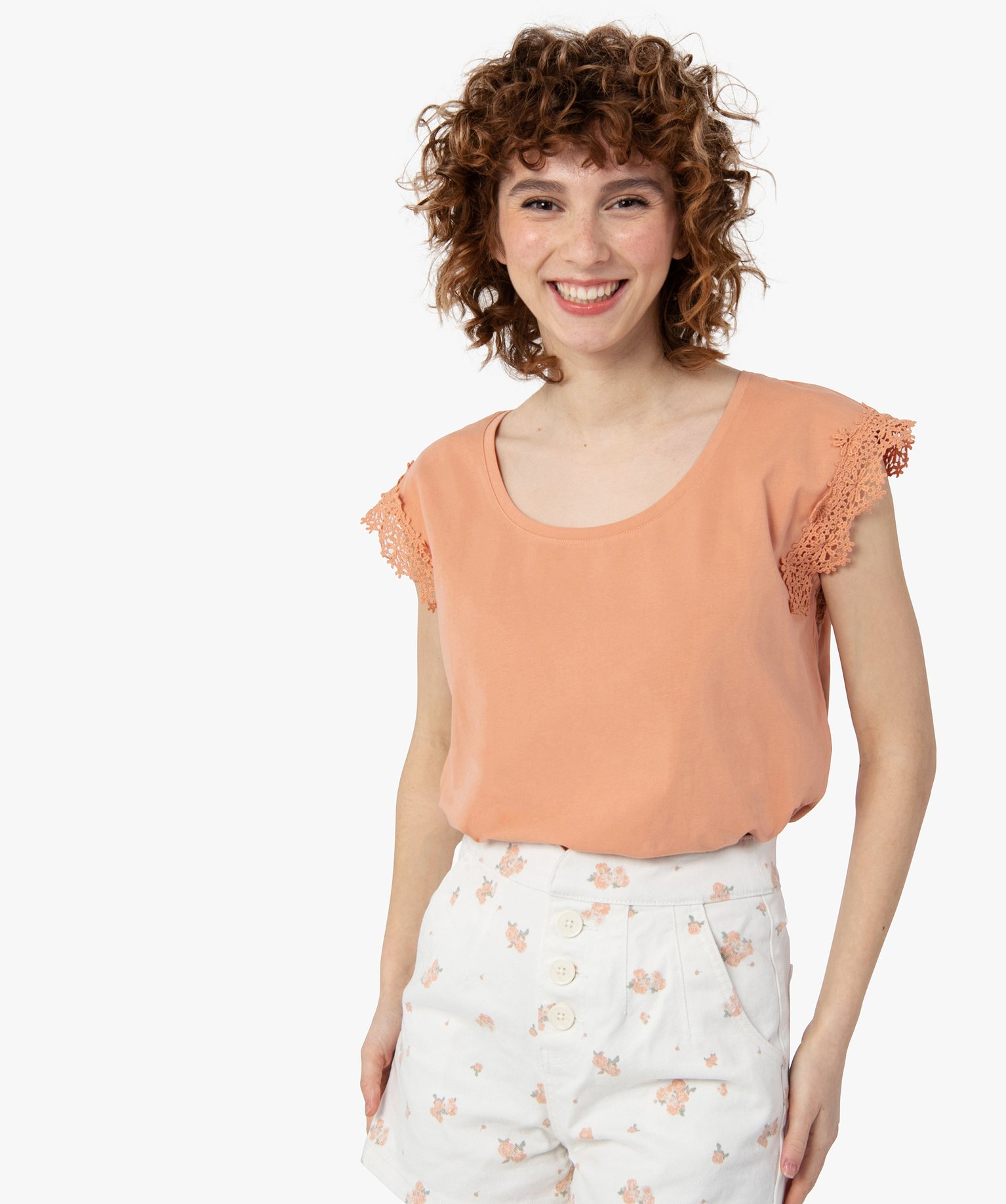 Tee-shirt femme sans manches avec emmanchures dentelle rose | GEMO