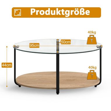 COSTWAY Couchtisch, Glas 2 Ebene mit Stauraum, Metallrahmen, oval, 95x50x44cm