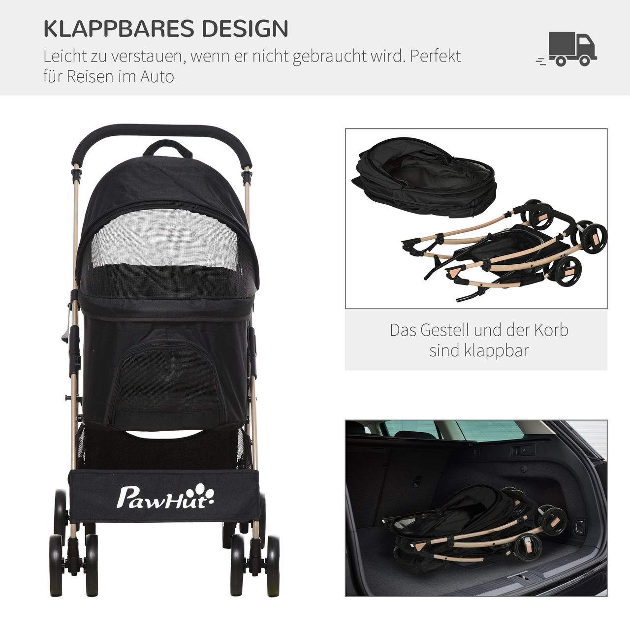 PawHut Hundewagen, 2 in 1 Hundetrolley, faltbarer Hundebuggy, Tragetasche