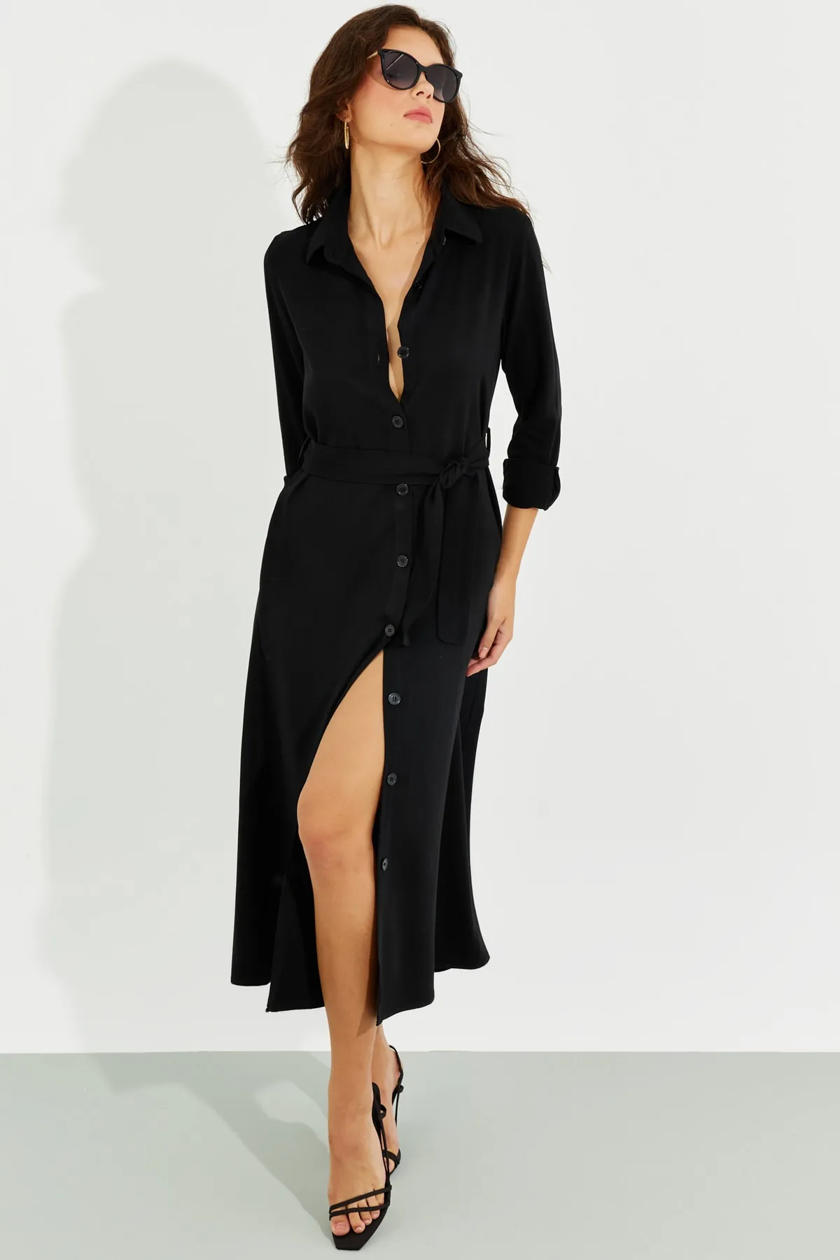 Cool & Sexy  Schwarzes Midi-Hemdkleid mit Tasche für Damen BK1683
