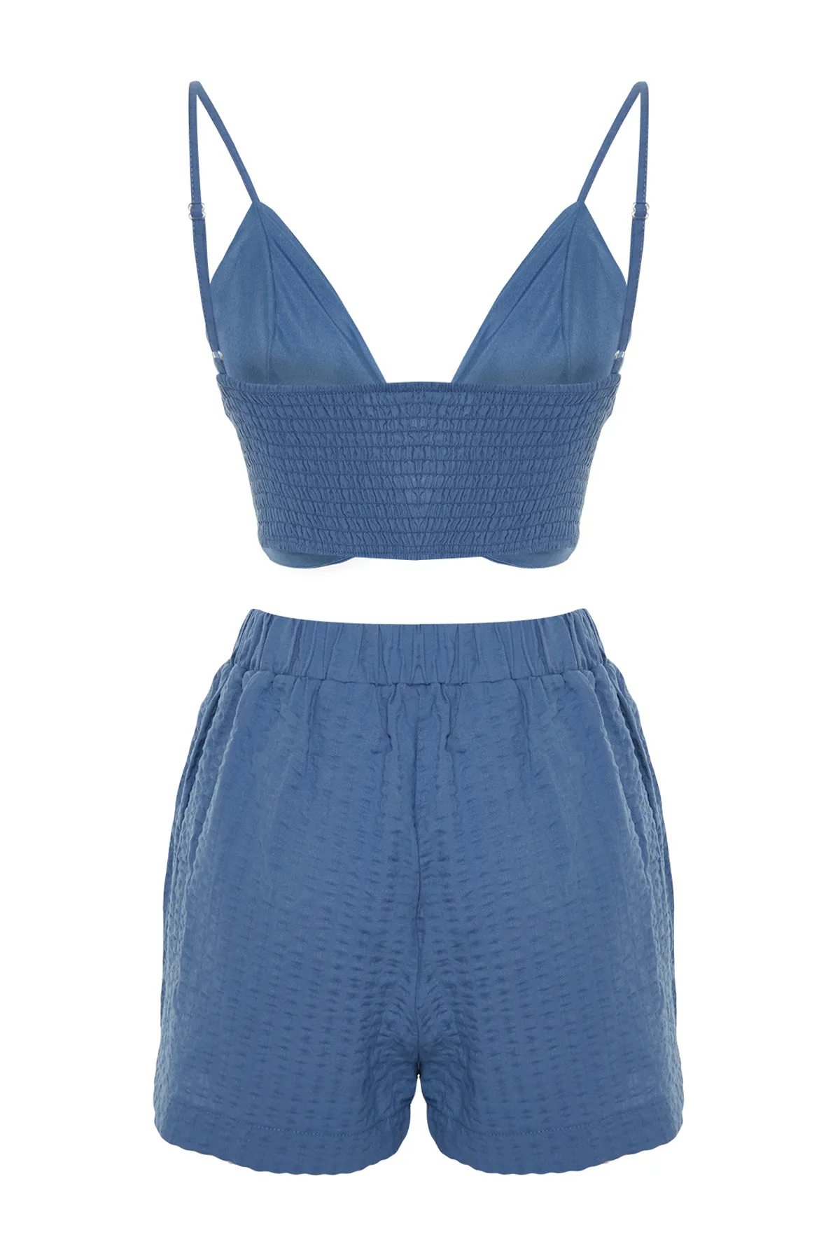Trendyol Collection  Blaues gewebtes Accessoire-Bluse-Shorts-Set TBESS24AU00064