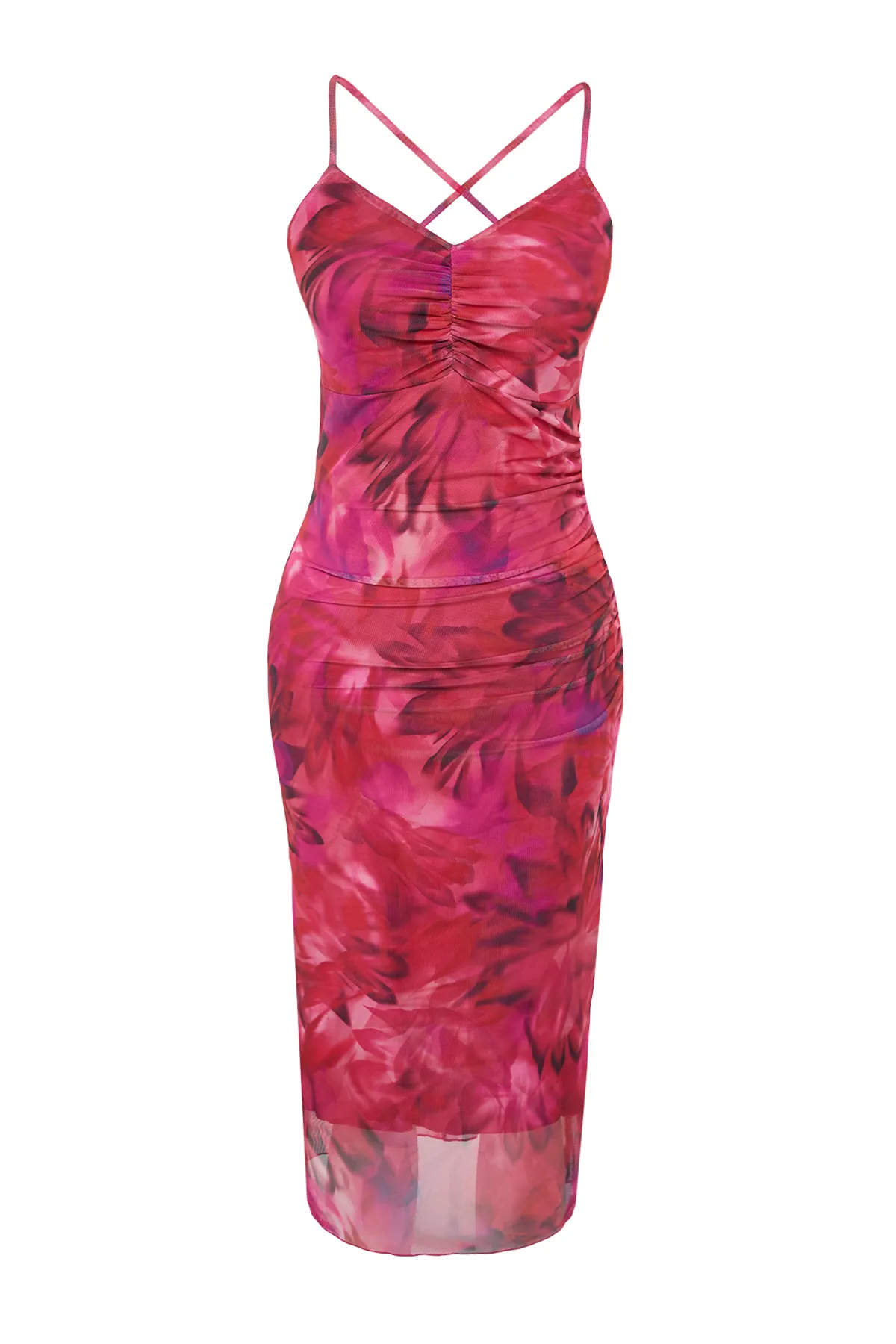 Trendyol Collection  Fuchsiafarbener, geraffter Tüll mit abstraktem Blumendruck und Riemchen TWOSS23EL00646