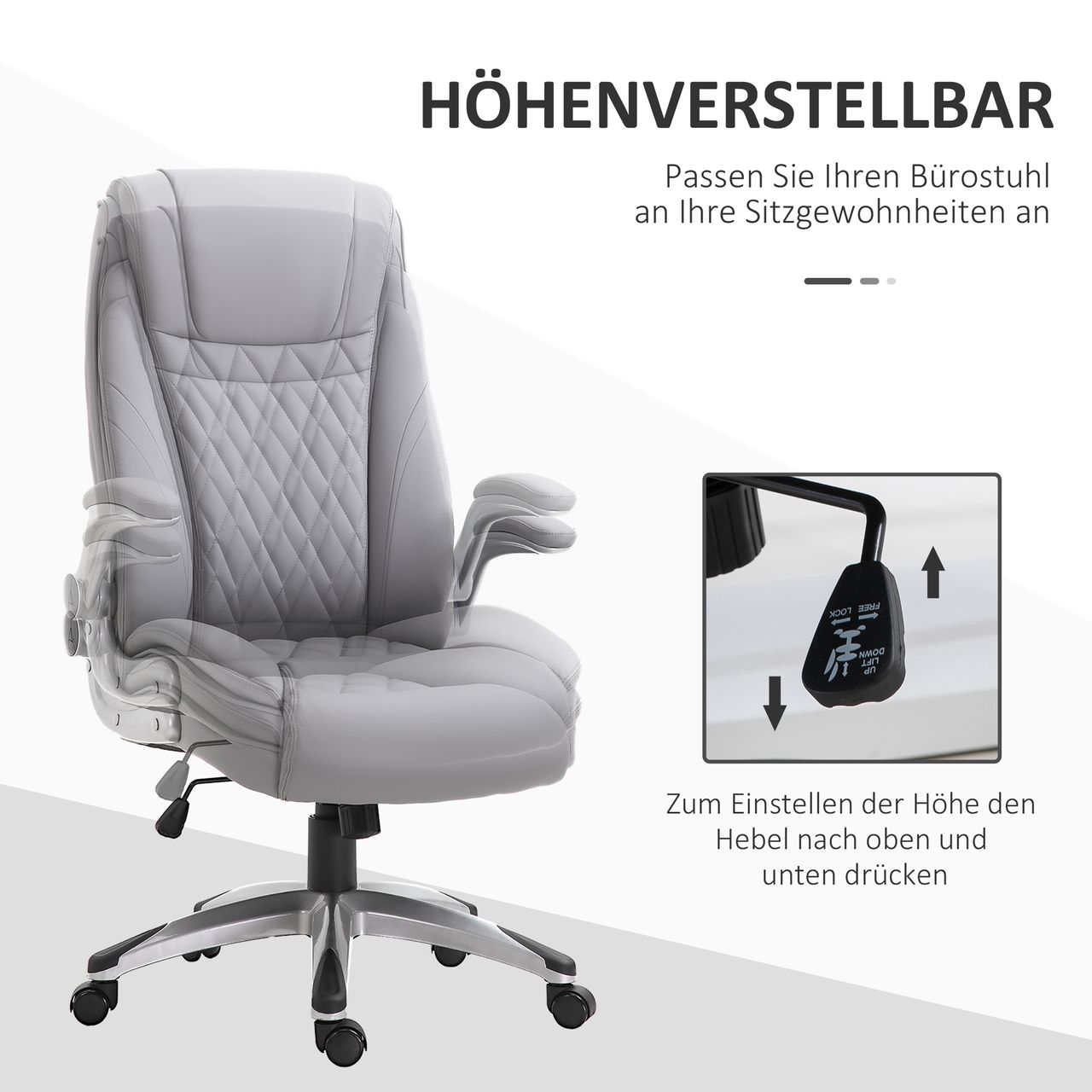 HOMCOM Vinsetto Bürostuhl mit Wippfunktion höhenverstellbar Kunstleder Grau 69,5 x 76 x 113–121 cm
