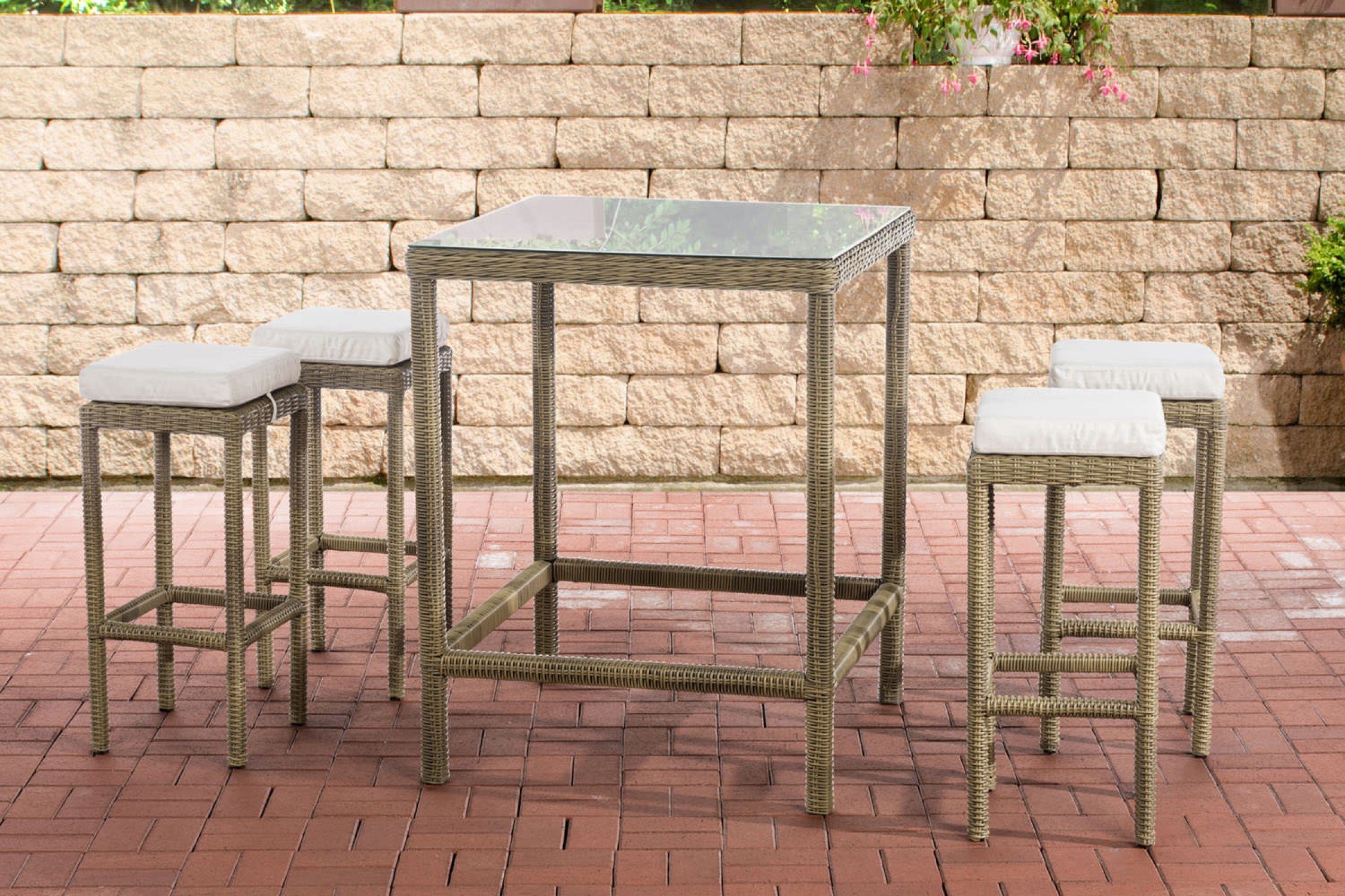 TPFGarden Gartenbar-Set Alina - aus 5mm Polyrattan und Aluminium-Gestell, (Stehtisch-Set mit 4 Hockern und Kunstlederauflagen, Gartenlounge-Set - wasserfest, pflegeleicht und UV-beständig), Maße (TxBxH): Tisch 84 x 84 x 110,5cm - Hocker 37 x 37 x 74,