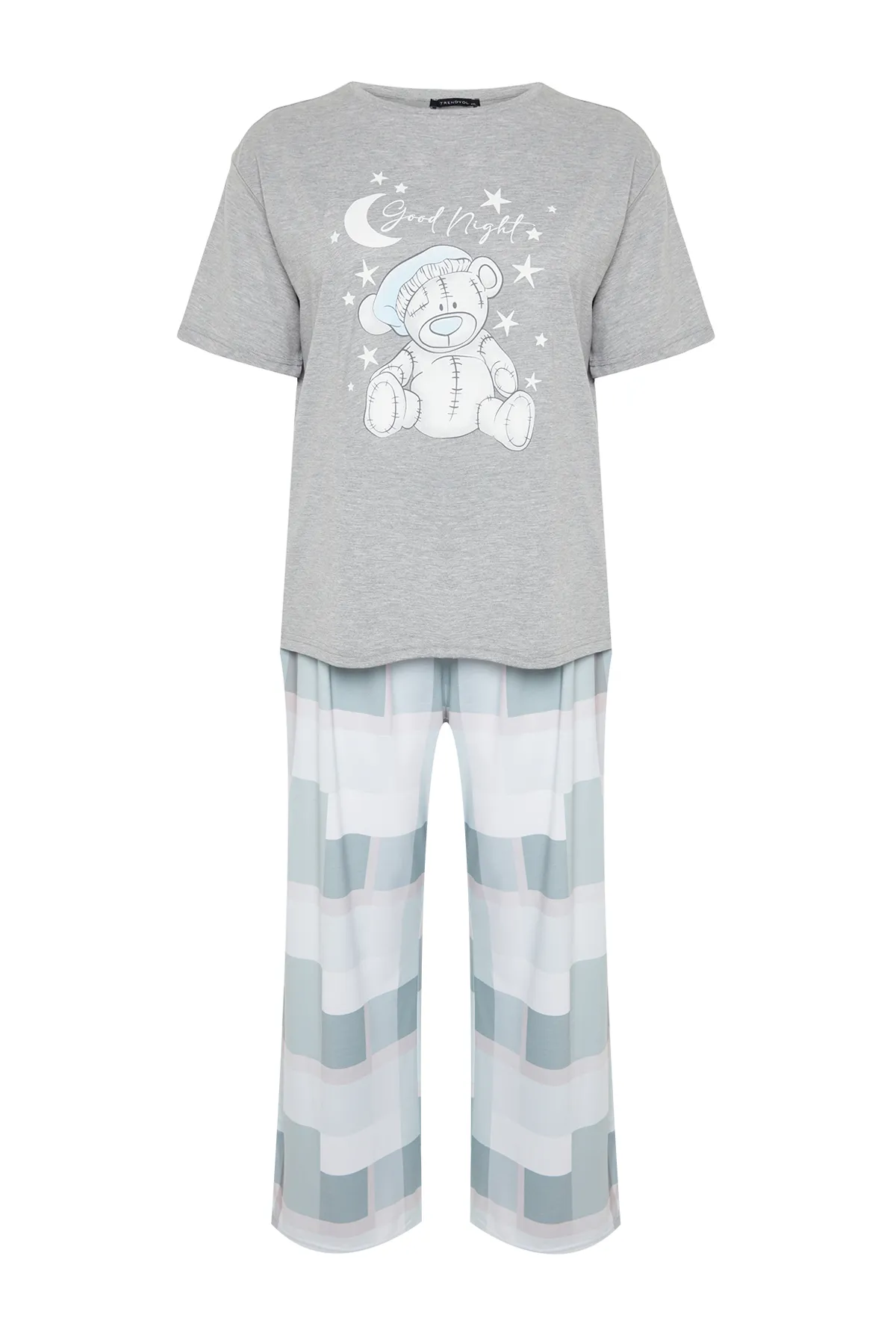 Trendyol Curve  Grau bedrucktes kariertes Strickpyjama-Set TBBAW24AI00020