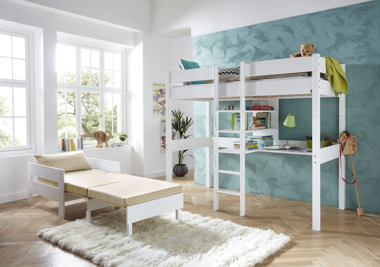 Relita Etagenbett NOEL inkl. Zusatz-Sessel mit Sitzkissen beige, Buche massiv weiß lackiert