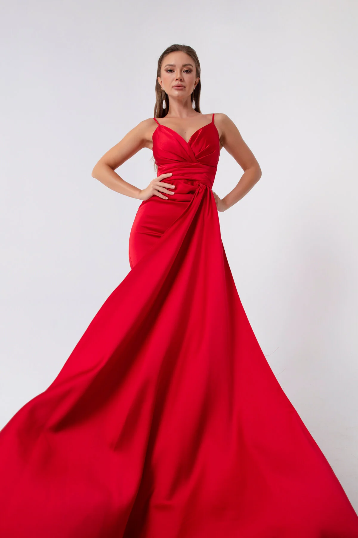 Lafaba  Rotes langes Abendkleid und Abschlusskleid aus Satin mit Trägern für Damen