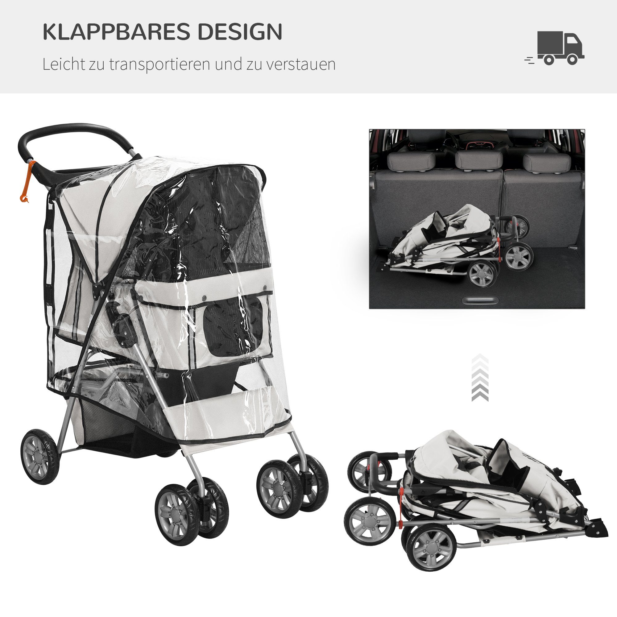 PawHut Hundebuggy Haustierbuggy, faltbar, mit Korb, Becherhalter, 75 x 45 x 97 cm, Grau, (1-tlg), Hundebuggy