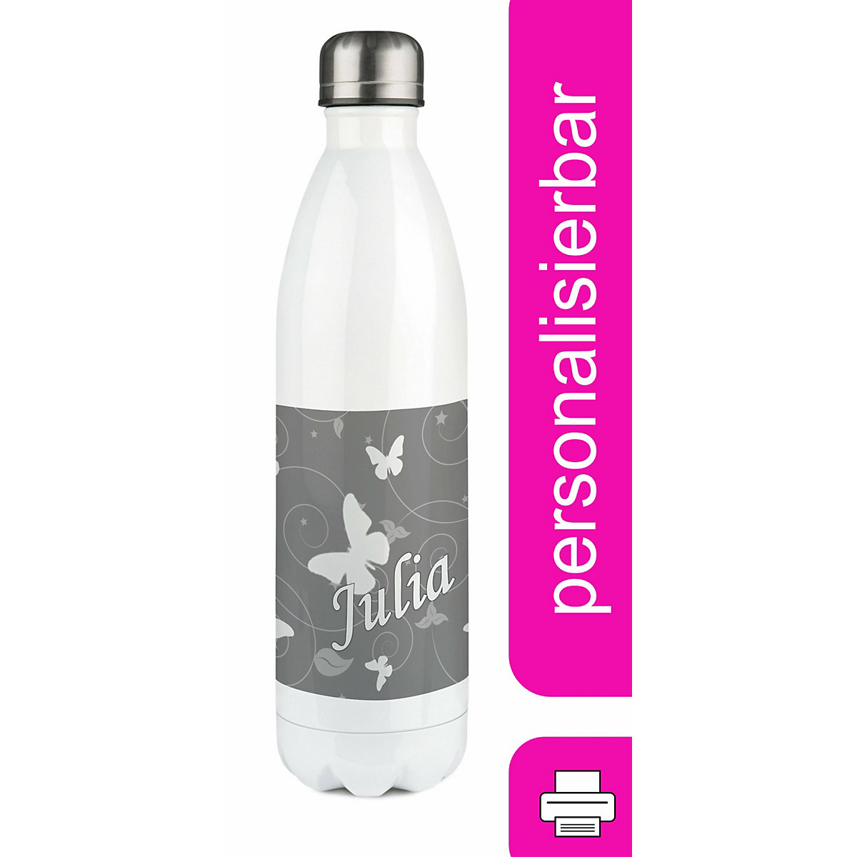 Edelstahl Kinder Thermoflasche / Trinkflasche bunt Schmetterling Ornamente Farbe grau Spülmaschinenfest, Auslaufsicher, Bruchfest, Doppelwandig, Für Heißgetränke geeignet, Mit Deckel, Isoliert