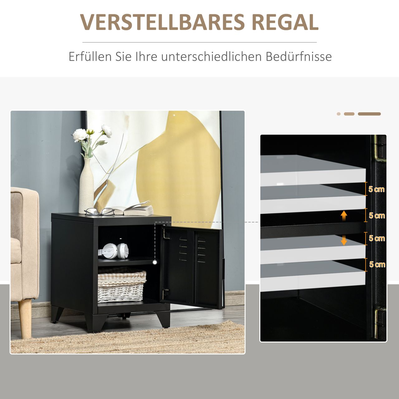 HOMCOM Nachttisch Nachtschrank Schlafzimmer Beistelltisch mit verstellbarem Regal Tür Nachtkommode Industriedesign Metall Schwarz 50 x 40 x 47,5 cm