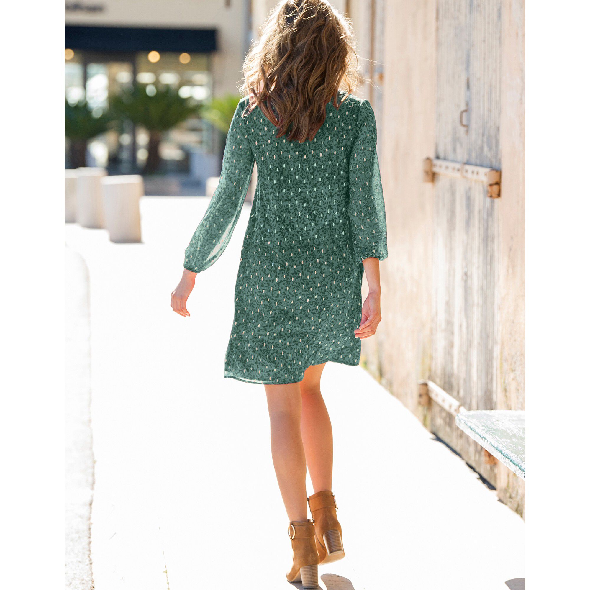 Robe évasée voile imprimé doré
